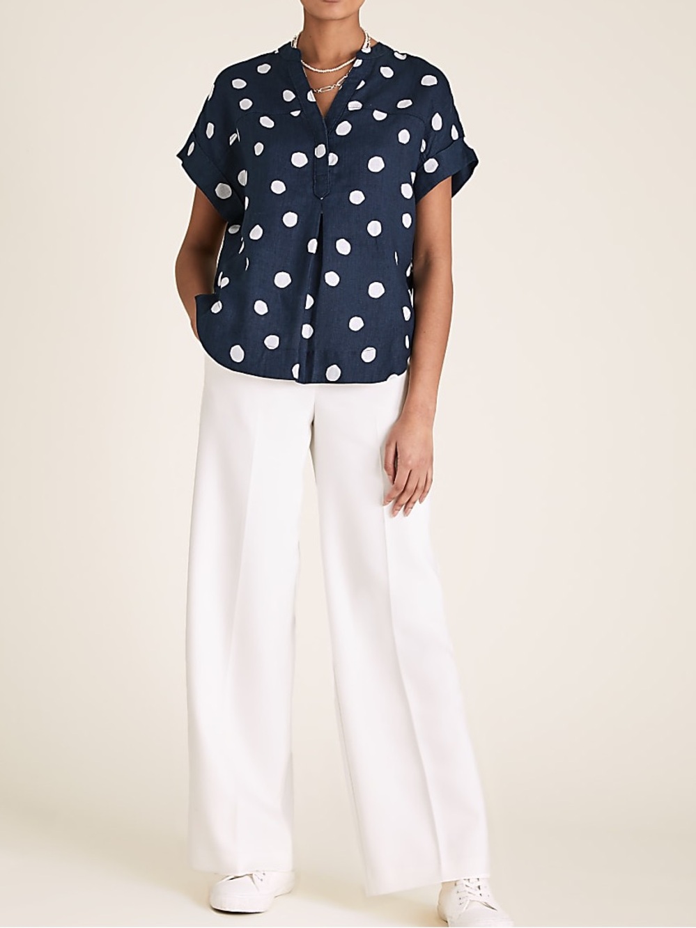 Marks And Spencer Pure Linen Blouse Size 16 Polka Dot Short Sleeve Blue V Neck